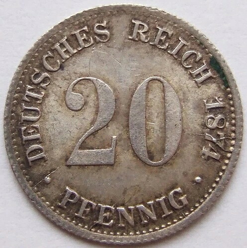 ドイツ帝国銀貨 20ペニヒ 1874年 C 非常に良好な状態