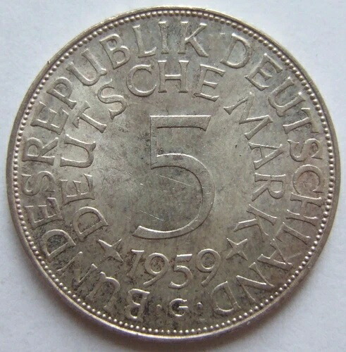 コイン BRD シルバーイーグル 5 DM 1959 G 非常に良好な状態 / ブリリアント未流通