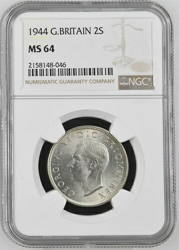 イギリス - 1944年 ジョージ6世 銀貨 フローリン/2シリング - NGC MS64