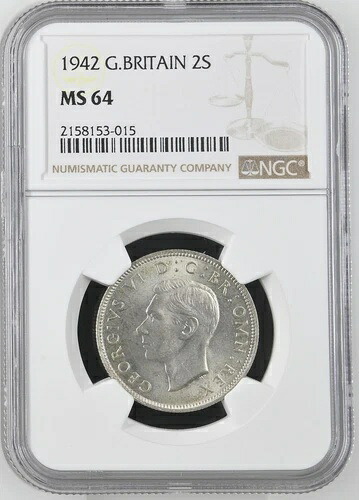 イギリス - 1942年 ジョージ6世 銀貨 フローリン/2シリング - NGC MS64