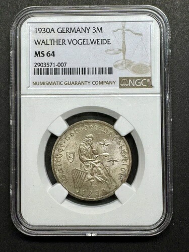 1930年A 3 ライヒスマーク ヴァルター・フォーゲルヴァイデ コイン NGC MS64-