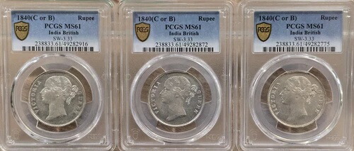 1840年 B&C 東インド会社 ルピー貨幣 PCGS MS61 - コイン3枚セット