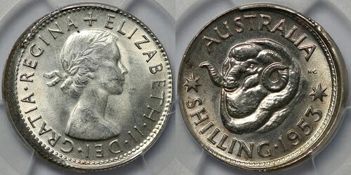 PCGS MS62 オーストラリア 1953年 シリング 部分カラー ミントエラーコイン 未流通