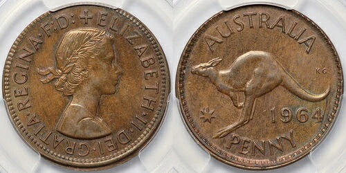 PCGS MS62BN オーストラリア 1964年 ペニー 部分カラー ミントエラーコイン 未流通