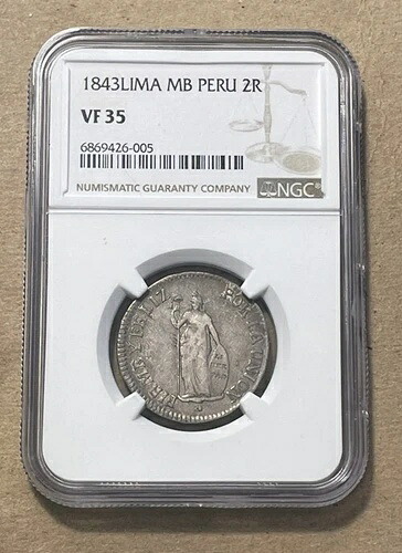 ペルー - 1843年 銀貨 2レアル (NGC VF 35) - 人気