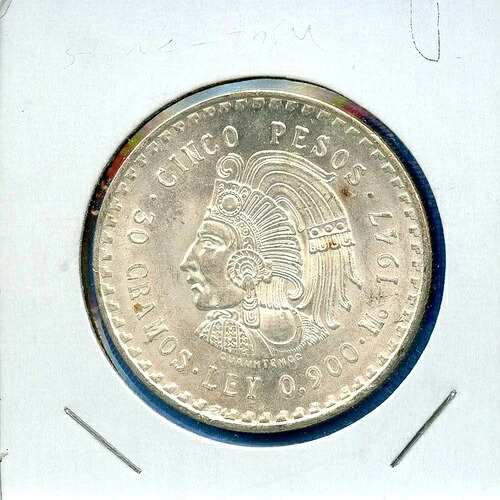 1947 年メキシコ 5 ペソ クアウテモック 銀貨 BU MS 未流通 打抜き済み !
