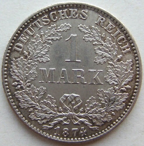 ドイツ帝国銀貨 1マルク 1874年 D 未使用