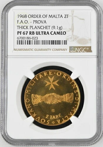 1968年 マルタ 2T タリ FAO プロヴァ マルタ十字 厚手プランシェット NGC PF 67 RB UC