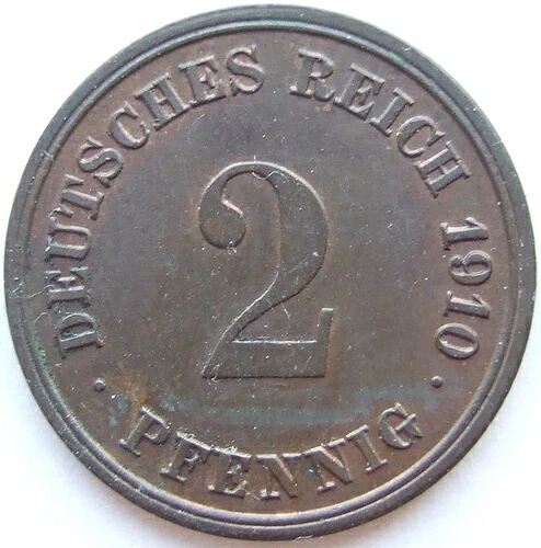 コイン ドイツ帝国 カイザーライヒ 2 フェニヒ 1910 G (未流通)