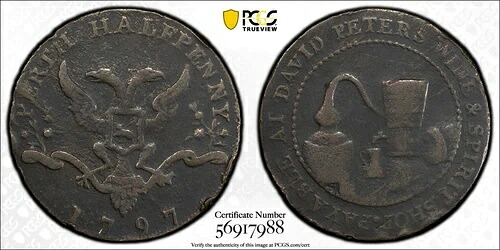 1797年 パースシャー D&H 10 パース コンダー ハーフペニー タカ 1/2D DH-10 PCGS VF 詳細