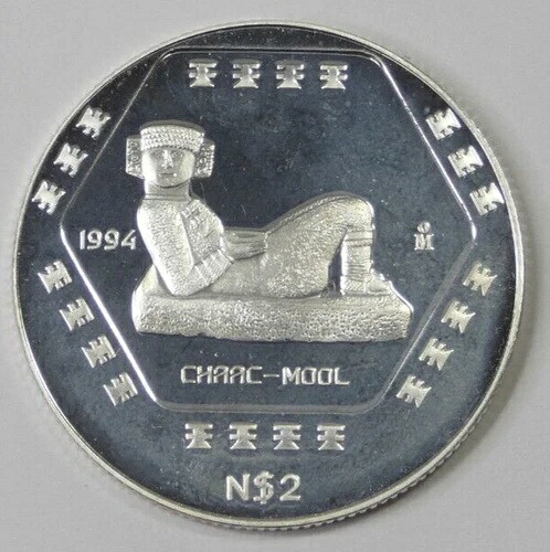1994年 メキシコ プルーフ マヤ チャック ムール N$2 ペソ コイン 1/2オンス 999 シルバー KM# 573 58,080円