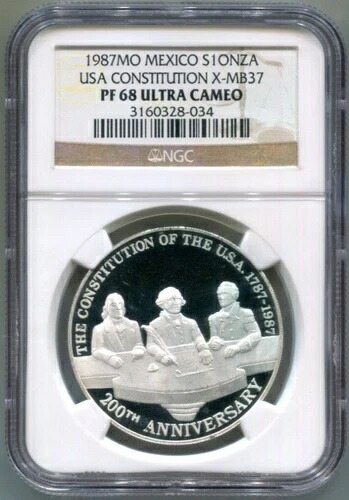 NGC-PR68 ウルトラカメオ 1987-Mo メキシコ プルーフシルバー ONZA アメリカ合衆国憲法 (X-MB37)