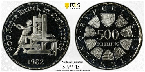 1982 オーストリア エスターライヒ 500 シリング シルバー 500 年印刷 PCGS PR 68 CAM