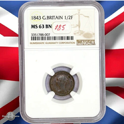 イギリス 1843年 1/2ファーシング NGC MS63BN - GBS019