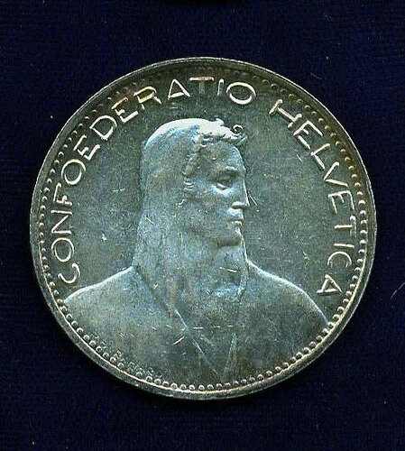 スイス共和国 1923-B 5フラン銀貨、ほぼ未流通