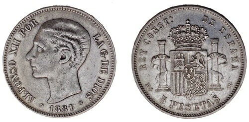 5 銀ペセタ / 銀貨。硬貨。マドリード。アルフォンソ 12 世。1881 年*。XF / XF。