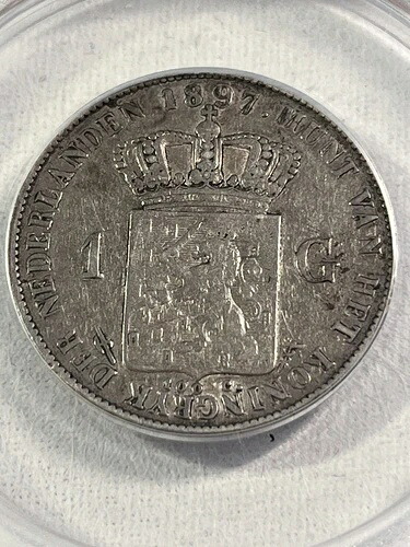 1897年オランダ1グルデン銀貨、ANACSウィルヘルミナによるXF 40グレード
