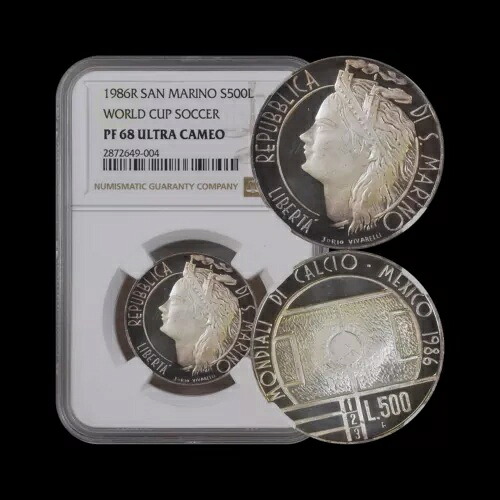 サンマリノ。1986年、1000リラ、銀貨 - NGC PF68 - トップポップ??ワールドカップ??トーン