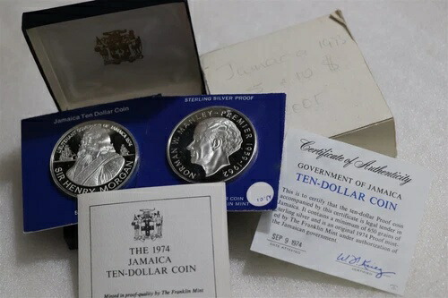 ?? ???? ジャマイカ 5ドル 1973 + 10ドル 1974 プルーフボックス + COA B67 #83