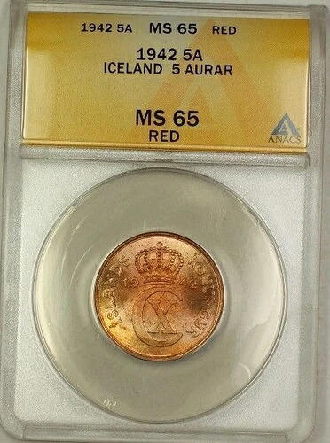 1942年 アイスランド 5A ファイブオーラー銅貨 ANACS MS-65 レッド GEM BU（ベターコイン）（F）