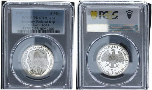 1967年 F フンボルト記念コイン 5マーク PCGS認定 PP PR67DCAM 90219