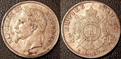 ナポレオン3世 - 2フラン銀貨ローレルヘッド 1868年 A、パリ 極めて良好！ F.263/8