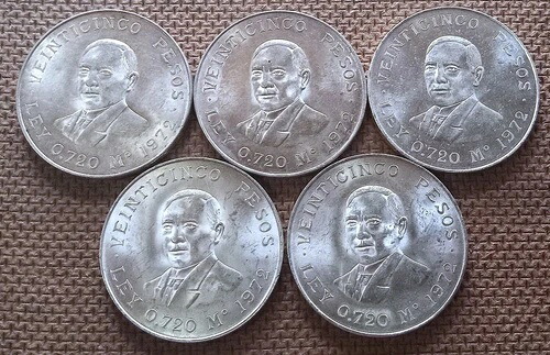5枚セット - 1972年メキシコ .720 シルバー 25 ペソ、ベニート フアレス、全宝石 - チョイスBU