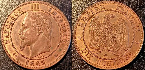 ナポレオン3世 - 10セント ローレルヘッド 1865年 A、パリ 極めて良好！ F.134/16