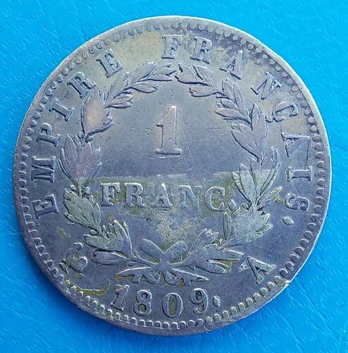 フランス、ナポレオン1世、銀貨1フラン、1809年Aパリ、692.1キロ
