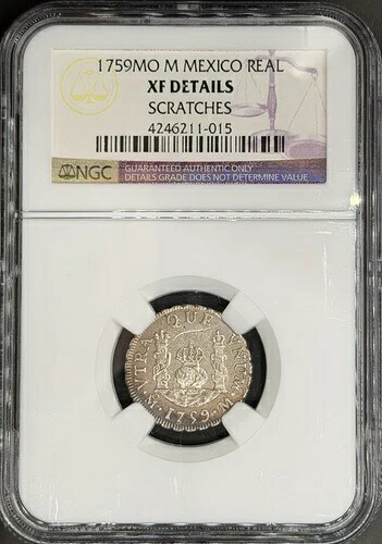 1759-Mo M スペイン植民地 1 レアル メキシコ ピラー NGC XF *米国法定通貨*