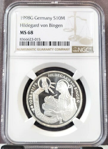 1998年 ドイツ シルバー 10 マーク・ヒルデガルト・フォン・ビンゲン NGC MS 68 レア トップポップ 1