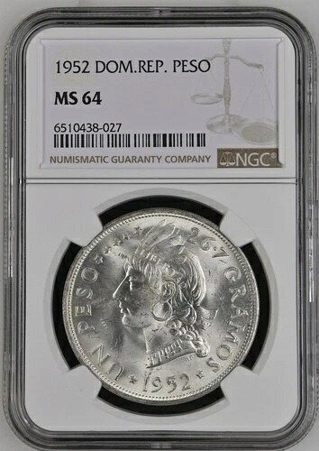 1952年 ドミニカ共和国 シルバークラウンペソ NGC MS64