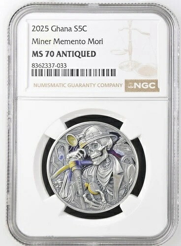 2025年ガーナ鉱山労働者メメント・モリ1オンスアンティーク仕上げ銀貨/NGC MS70