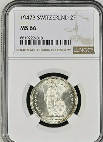 1947 B NGC MS66 スイス 2 FR フラン シルバー ローポップ 6/2 標本 KM# 21 グレーディング済み