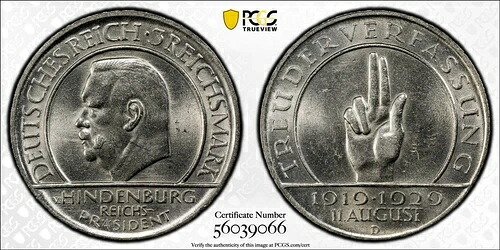 ドイツ 1929 D 3 マルク ワイマール共和国憲法 希少 PCGS MS62