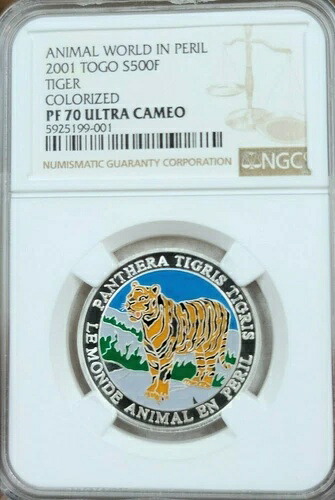 2001年 トーゴ シルバー 500フラン ワイルドライフ タイガー NGC PF 70 ウルトラカメオ パーフェクトポップ 1