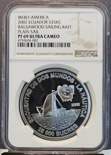 2002年 エクアドル シルバー 25000 スクレ バルサ材 セーリングラフト NGC PF 69 ウルトラカメオ