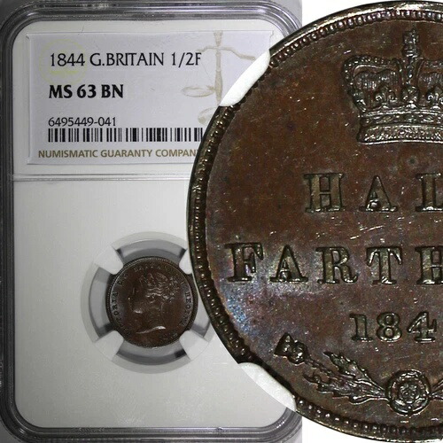 イギリス ヴィクトリア 1844年 1/2ファーシング NGC MS63 BN ブラウントーニング KM# 738 (41)