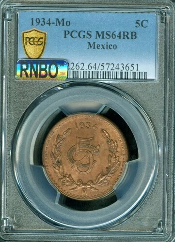 1934 年 メキシコ 5 センターボ PCGS MS64RB MAC RNBO または RAINBOW のみ 1 より優れた希少品。