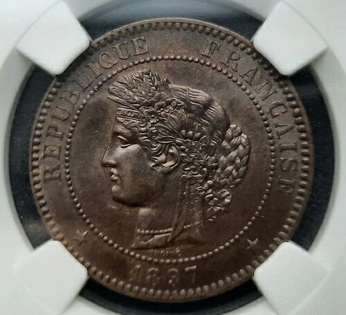1897-A フランス 10 サンタイム ブロンズ コイン NGC MS62 BN