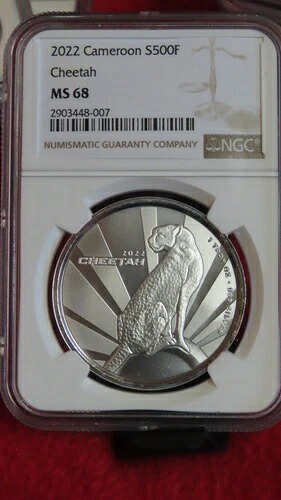 2022 カメルーン 500F - チーター - NGC MS68 - 1オンス 999 シルバーコイン - 猫