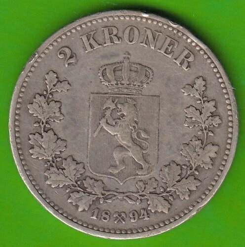 ノルウェー 2クローネ 1894年 銀貨 ほぼ非常に良い 希少 nswleipzig