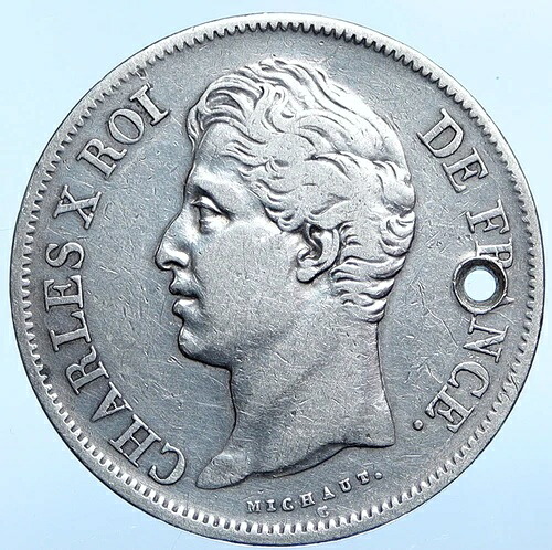 1828年 フランス国王 シャルル10世 オールド 本物 シルバー 5フラン フランスコイン i114947