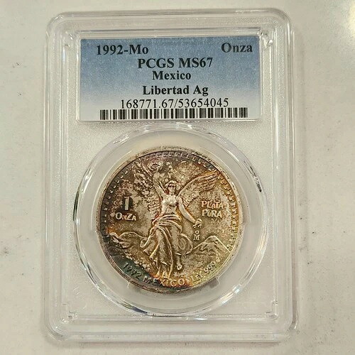 1992-Mo 1 オンザ メキシコ シルバー リベルタッド ~ PCGS MS 67 ~ レインボートーンカラー