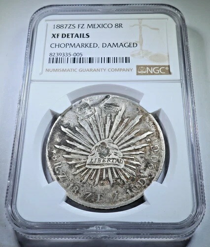 NGC Chopmarks 1887 メキシコ シルバー 8 レアレス 本物の 1800 年代 リベルタ ドル 8R コイン