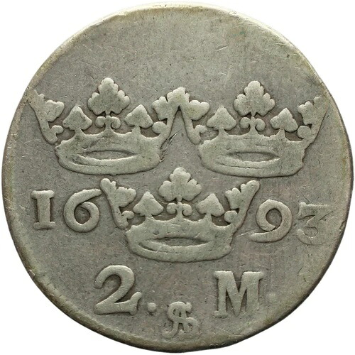 希少 1693年 2マルク スウェーデン銀貨 チャールズ11世 タイプIII (MO2217-)