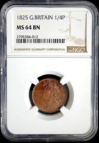 世界のコイン 1825年 イギリス 1/4ペンス ファージング NGC MS 64 BN 銅 KM 677