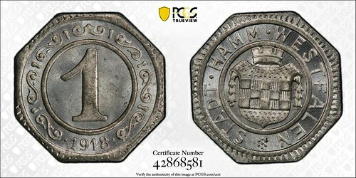 1918 年 ハム市 ヴェストファーレン州 ドイツ Iron Pfennig Notgeld PCGS MS65 -Funck-191.6