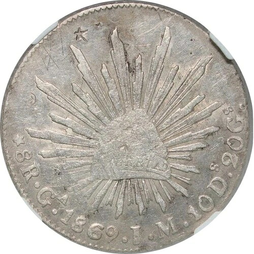 メキシコ 8レアル Ga 1869 J.M. グアダラハラ、NGC XF 詳細、チョップマーク入り。KM# 377.6