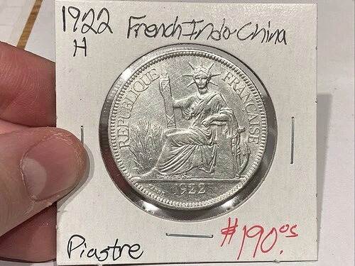 1922年 H フランス領インドシナ シルバークラウンピアストルコイン フランス AU+ 軽くクリーニング済み